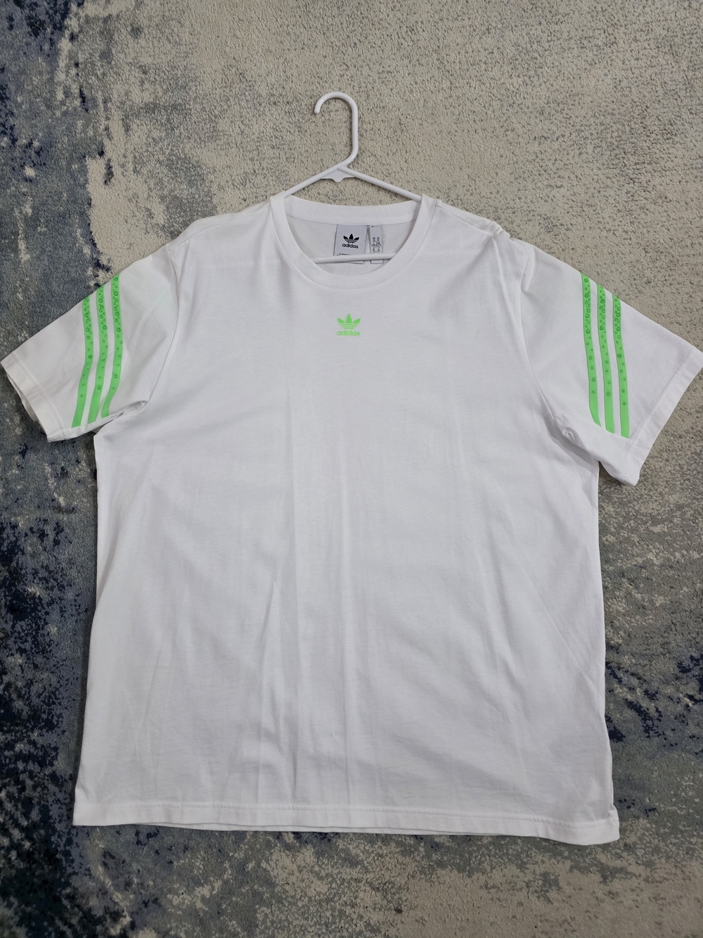 adidas White Short-Sleeve Tee with Neon Green Stripe Details